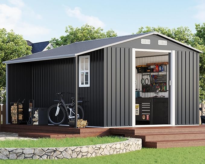 Jocisland Outdoor Storage Shed 10.6x10.3x6.3 FT, Sliding Door Shed with Dual 4-Pane Windows for Wood Storage, Dark Grey/White