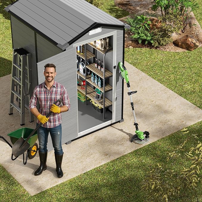 GVDV 4×6FT Outdoor Resin Plastic Storage Shed with Reinforced Floor, All-Weather Plastic Shed with Lockable Door, Window, Waterproof Tool Storage for Garden, Backyard, Patio, Tool Storage