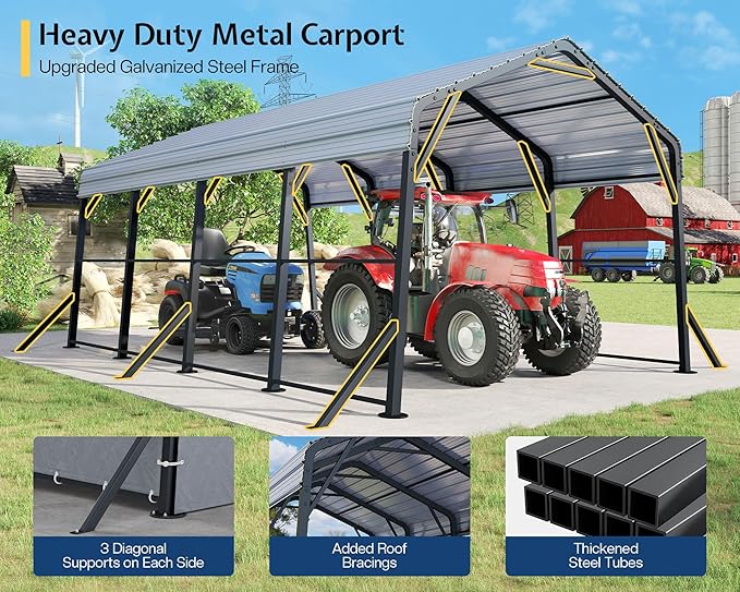 Jocisland 12x20x10.5 FT Heavy Duty Metal Carport, All-Weather Car Canopy with Waterproof Removable Sidewalls, Galvanized Steel Roof & Reinforced Base, Car Shelter for Cars, Boats, Trucks