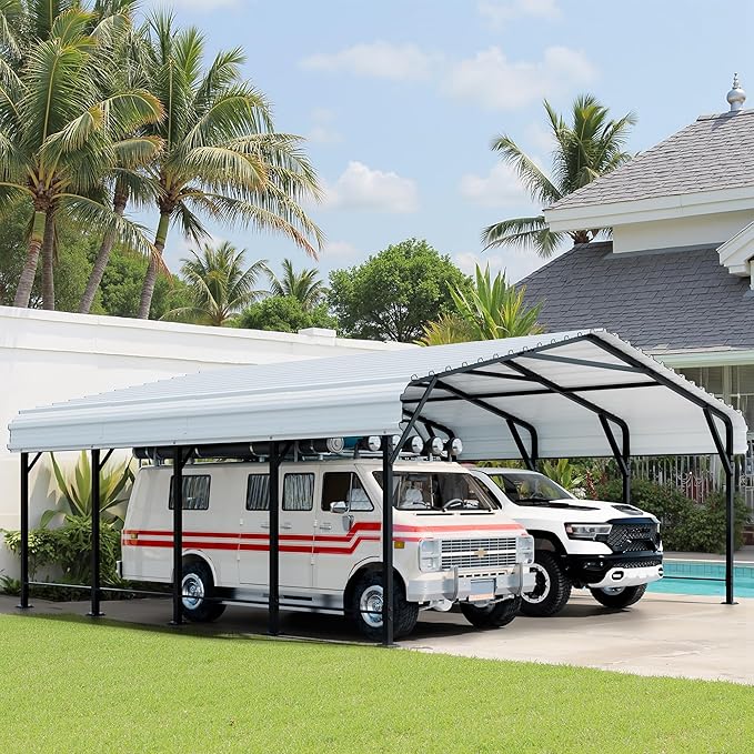 Shintenchi 20x20 FT Metal Carport, Oversized Carport Garage with Enhanced Base, Outdoor Galvanized Car Shelter, Heavy Duty Carports Canopy, for Car, Boats and Tractors, White