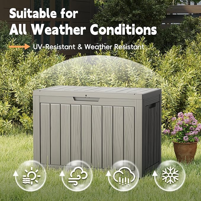 Outdoor Storage Box, 50 Gallon Deck Box Waterproof, Resin Patio Storage Bin for Package Delivery, Patio Furniture Cushion, Garden Tools, Pool Accessories, Weatherproof, Grey