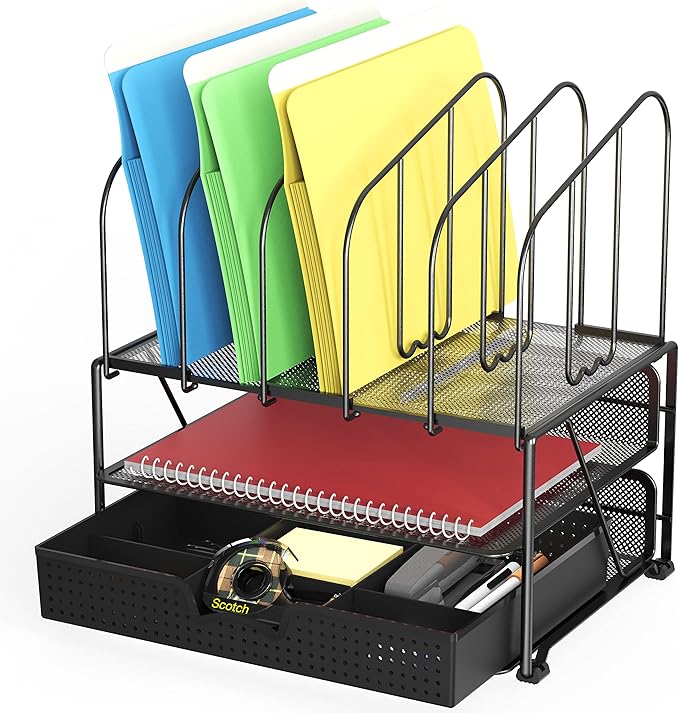 Deco Brothers Mesh Desk Organizer with Double Tray, 5 Upright Sections and Sliding Drawer, Black