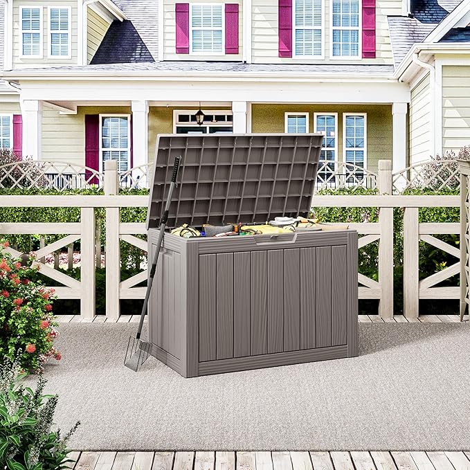 NUNU LAB Outdoor Storage Box, 45 Gallon Outside Deck Box Waterproof, Resin Outdoor Storage Cabinet With Lockable Lid, Backyard Storage Bench For Garden Tools, Patio Cushions, Pool Tools, Gray