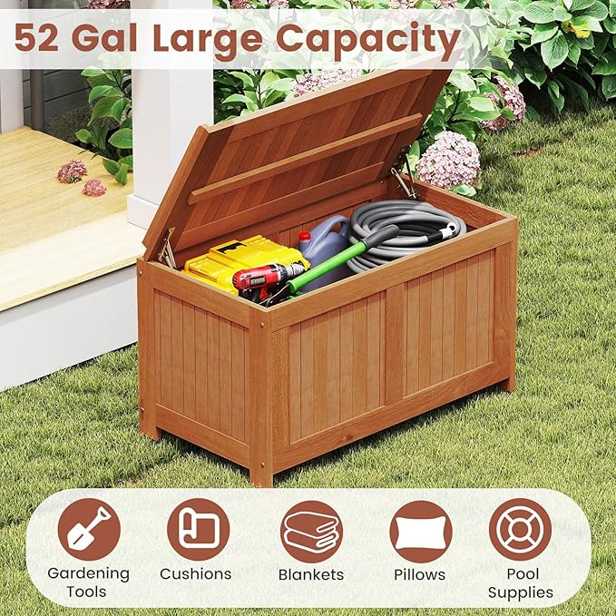 Tangkula 52 Gallon Wood Outdoor Storage Box, 3-in-1 Patio Storage Bench with Flip Top for Cushions, Pool Supplies, Gardening Tools, Outdoor Deck Box for Garden, Backyard, Poolside