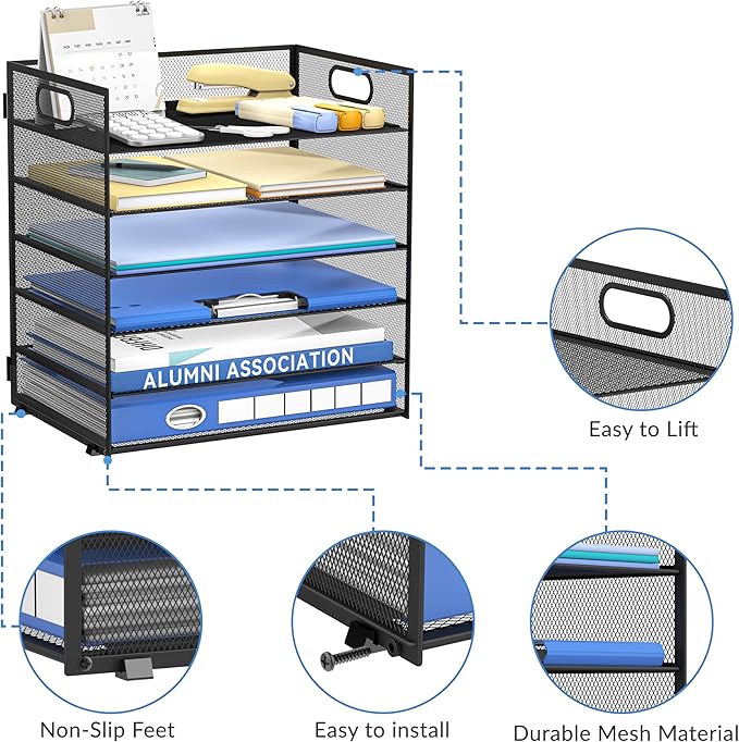 Daltack 6 Tier Paper Organizer for Desk, Paper Letter Tray Organizer for Desks, Mesh Desk File Organizers with Handle for Office, Home, School, Black