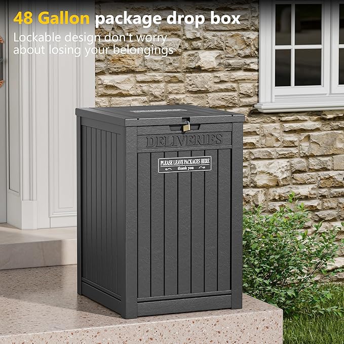 Package Delivery Box for Outside, 48 Gallon Storage with Lockable Secure, Large Double Wall Resin Outdoor Package Delivery Waterproof Deck