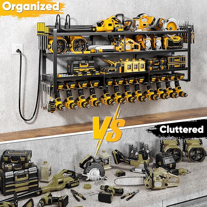49.5" W Large Power Tool Organizer Wall Mount with Charging Station, 4 Tier Heavy Duty 12 Cordless Drills Holder Load 800 lb, Tool Battery Storage Rack Built in 8 Outlet Power Strip for Garage