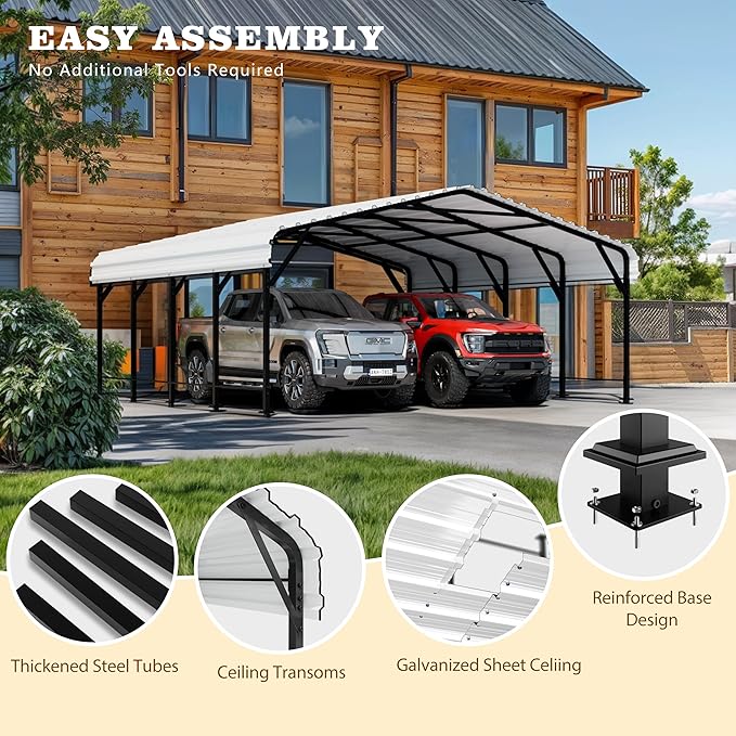 Walsunny Metal Carport 20x20 FT Heavy Duty Carport Canopy with Enhanced Base, Outdoor Car Shelter with Galvanized Steel Roof and Frame Garage for Truck, SUV, Boat