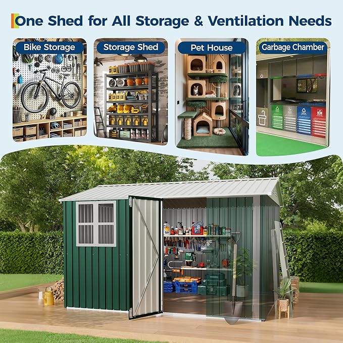8x10 FT Outdoor Storage Shed,450CU.T Metal Tool Shed with Clear Window, Lockable Doors,Large Garden Storage Box with Sloping Roof，Sheds&Outdoor Storage for Backyard Garden Patio Lawn, Green