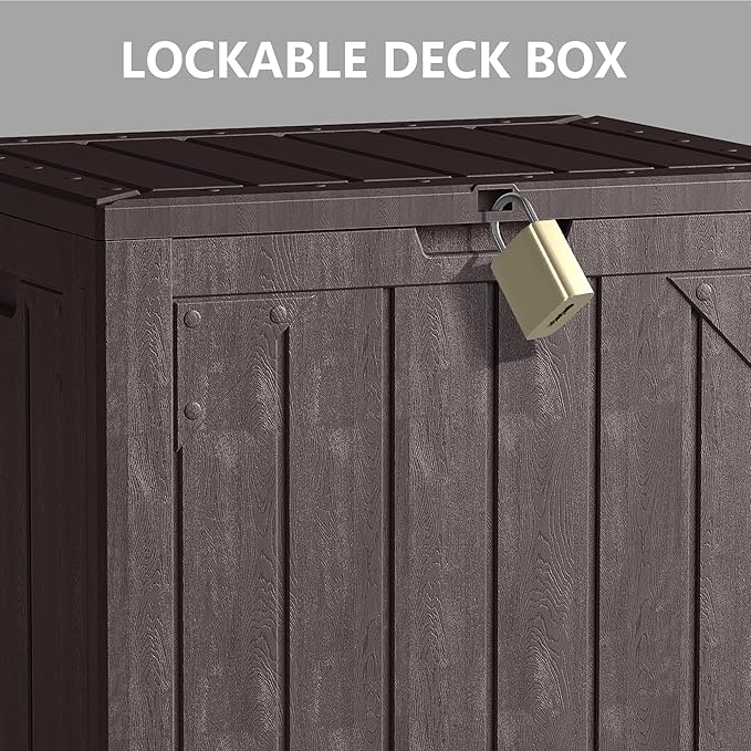 Outdoor Storage Deck Box Waterproof,30 Gallon Lockable Patio Package Delivery Bin as Seat, Resin Storage Container Bench for Furniture Cushions, Pool Accessories, Garden Tools, Brown