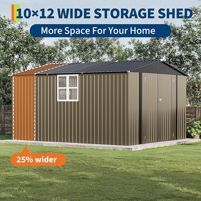 GarveeLife 10 x 12 FT Metal Storage Shed for Outdoor with Floor Frame&Clear Window,Steel Yard Shed with Design of Lockable Doors, Utility and Tool Storage for Garden, Backyard, Patio, Outside, Brown