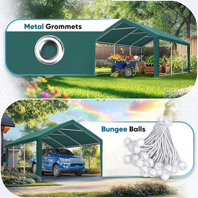 ADVANCE OUTDOOR 10x20 ft Carport Replacement Top Canopy Cover with Leg Cloth, Heavy-Duty Waterproof & UV Protected Car Garage Shelter Tent, Easy Installation with Ball Bungees, Green, Roof Only