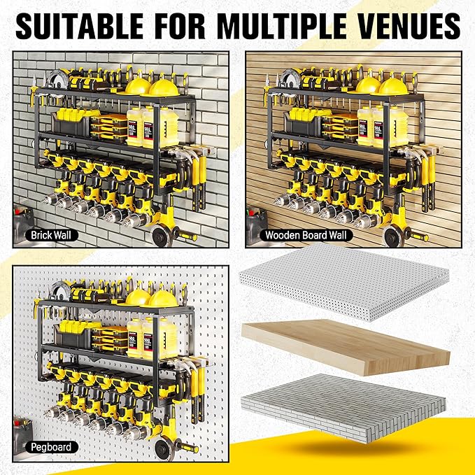 Heavy Duty Power Tool Organizer Wall Mount - 300lb Capacity 3-Tier Storage Rack with 7 Drill Holders for Garage Workshop Tools