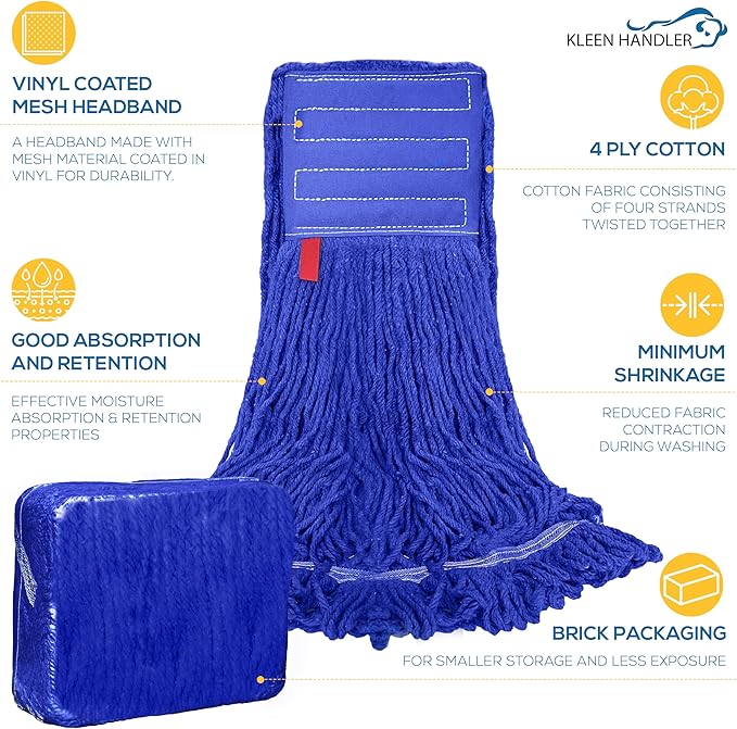 KLEEN HANDLER Blended Loop End Heavy Duty Mop Head Replacement, Wet Mop Refills for Industrial and Commercial Use, Dark Blue, 24 Oz (6-Pack)