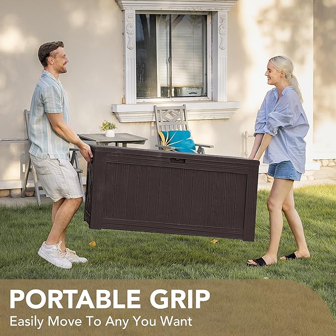 Devoko 120 Gallon Deck Box Resin Outdoor Storage Box Waterproof for Patio, Large Outdoor Storage Bench Lockable for Outside (Deep Brown)