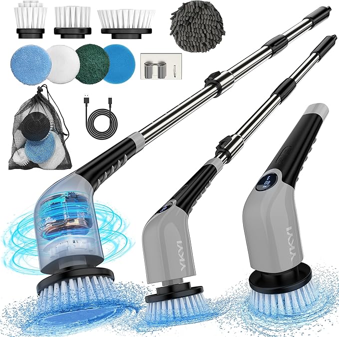YKYI Electric Spin Scrubber-Cordless Power Scrubber with 8 Brush Heads, 3 Speeds & Adjustable Long Handle, IPX7 Waterproof Shower Cleaning Brush for Bathroom Tile, Bathtub, Grout, Kitchen(Grey)