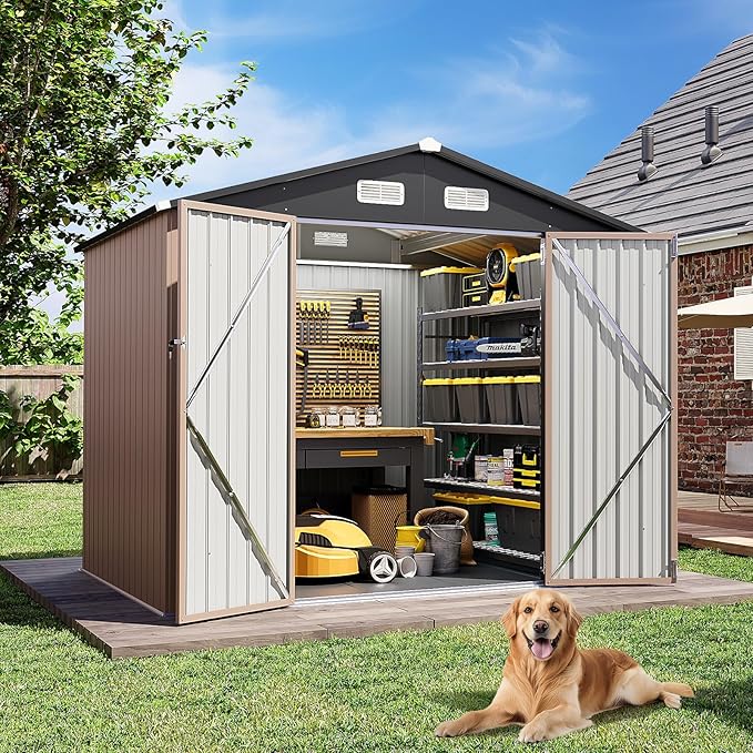 Aoxun Outdoor Storage Shed with Floor - 8x6 FT Metal Shed with Lockable Doors & Air Vents, Waterproof Outside Storage Shed for Tool, Garbage Can, Bike, Mower, for Backyard Garden Patio, Brown