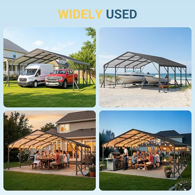 Wisteria Lane 20'x20' Metal Carport with Updated Roof & Enhanced Base, Heavy Duty Canopy Carport Garage, Vertaile for Car, Truck, Boat, Tractors, Party, Dark Gray