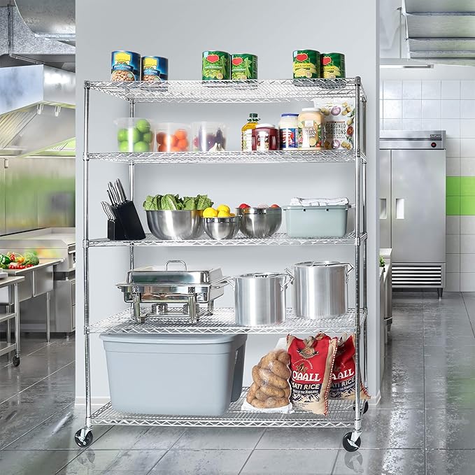 Seville Classics UltraDurable Heavy Duty NSF Solid Steel Wire Rack Storage Unit Wheels, 5-Tier Shelving, 60" W x 24" D