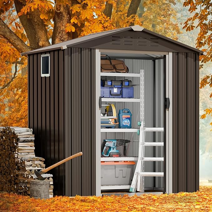 JYQAQA 6x4 FT Outdoor Garden Storage Shed,Waterproof Metal Garden Sheds with Lockable Double Door,Weather Resistant Steel Tool Storage Shed for Patio,Lawn Gray