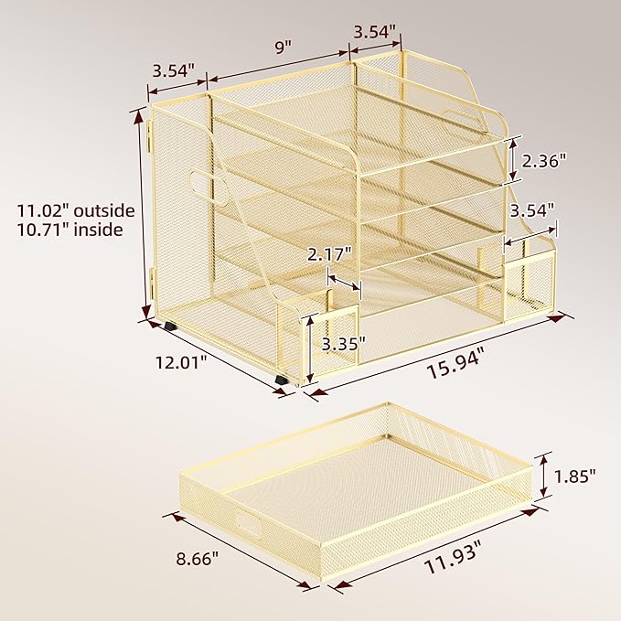 SUPEASY Mesh Desk Organizer with File Holder, 5-Tier Paper Letter Tray Organizer with Magazine Holder, Desktop Organizer and Storage with Drawer for Office Supplies Home or School (Golden)