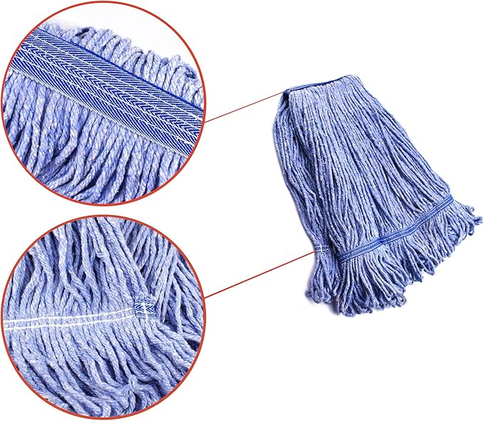 String Mop Heads Replacement Heavy Duty Commercial Grade Blue Cotton Looped End Wet Industrial Cleaning Mop Head Refills (6, Large)