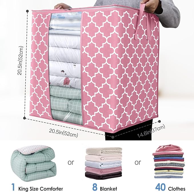 WISELIFE Storage Bags 8 Pack/100L Large Blanket Clothes Organization and Storage Containers for Comforters,Bedding, Foldable Organizer with Reinforced Handle, Clear Window, Sturdy Zippers,Pink