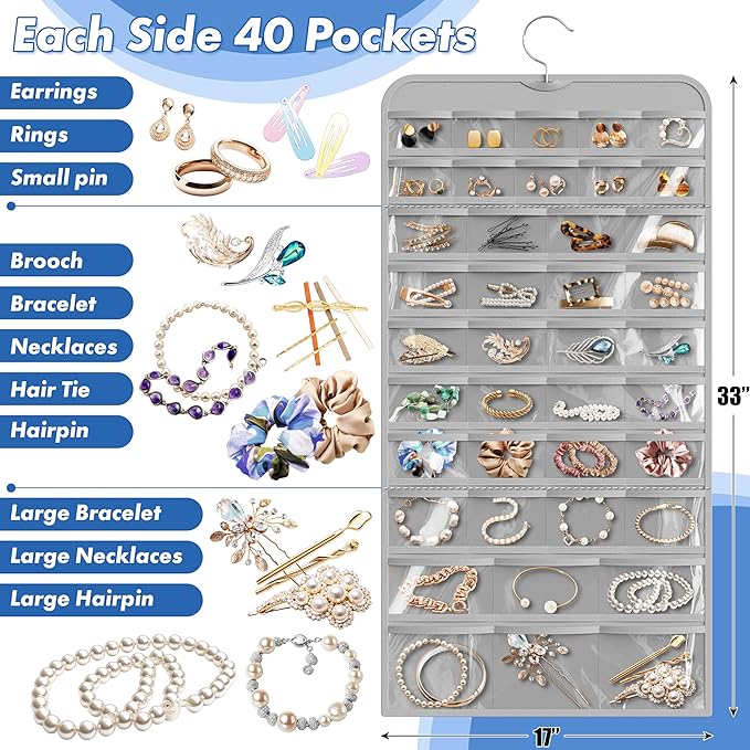 Simple Houseware Hanging Jewelry Storage Organizer, 80-Pocket with 5 Sizes for All Types of Accessories, Gray