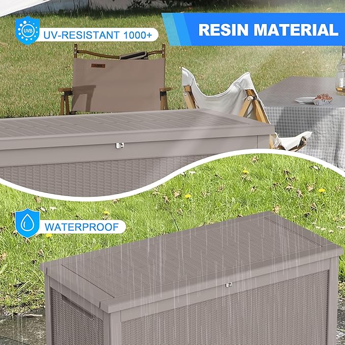 320 Gallon Outdoor Storage Box, Waterproof Resin Deck Box with Lockable Lid Large Storage Bin for Patio Furniture Cushion, Garden Tools, Pool Accessories, UV-Resistant Outside Delivery, Gray
