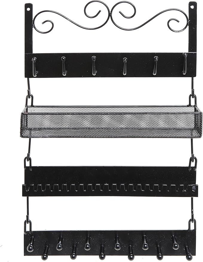 MyGift 4-Tier Wall Mounted Black Metal Hanging Jewelry Organizer with 18 Hooks, Earring Holder and Necklace, Bracelet Display Rack