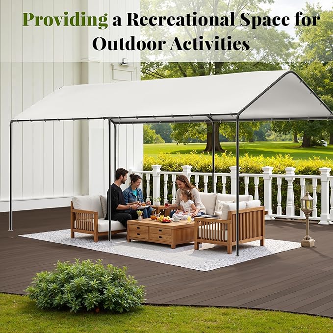 Carport, 10‘ x 20’ Heavy Duty Portable Garage All-Season Car Canopy, Outdoor Garage Boat Shelter Carport Canopy Party Tent w/Water-Resistant Tarp for Backyard (White, 10' x 20' /no Side)