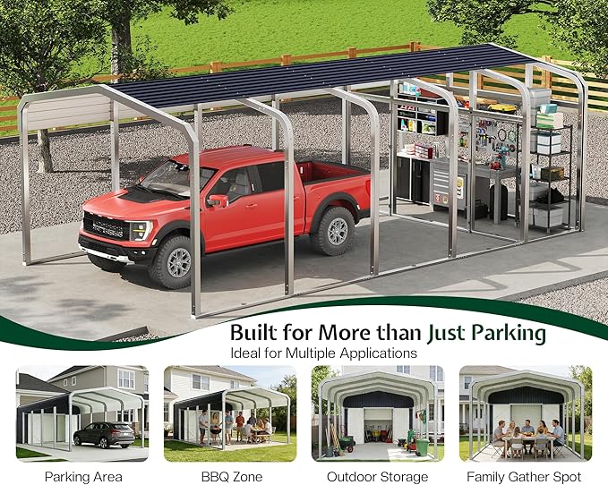 Jocisland 12x24 FT 2-in-1 Carport & Storage Shed, Heavy Duty Carport with Galvanized Steel Roof, 12x4.2 FT Metal Shed with 2 Transparent Panels & Double Doors, Car Canopy for Cars, Boats, Trucks