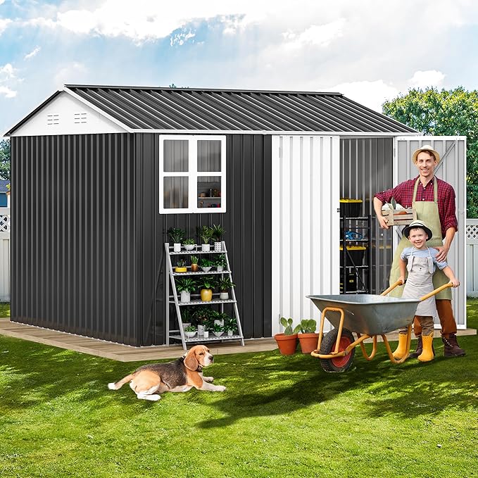 DWVO 10' x 8' Outdoor Storage Shed, Waterproof Metal Garden Shed with Windows, Lockable Doors, and Sloped Roof for Patio, Backyard, Lawn, Tool Storage, Bike Shed, Pet Shelter (Gray + White)