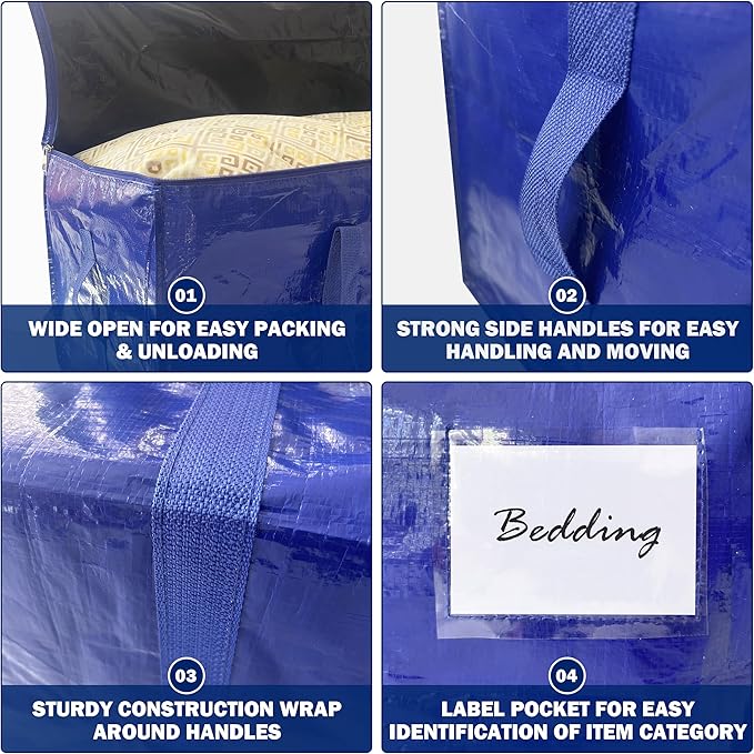 16 Pack Extra Heavy Duty Large Moving Bags with Strong Zipper & Carrying Handles, Sturdy Clothes Storage Bag Totes Bins, Packing Bags Moving Boxes College Moving Supplies, Dark Blue - 24 gal