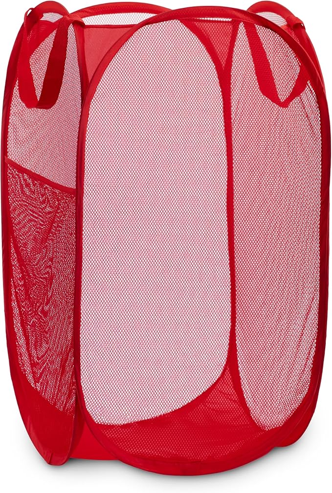 Handy Laundry Collapsible Mesh Pop Up Hamper with Wide Opening and Side Pocket - Breathable, Sturdy, Foldable, and Space-Saving Design for Clothes and Storage (Red)