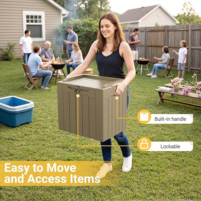 Greesum Outdoor Storage Box 31 Gallon Storage Box with Lid for Patio Furniture, Garden Tools, Pool Supplies, Waterproof and UV Resistant, Lockable, Light Coffee