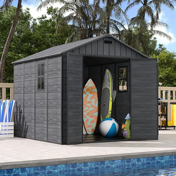 UDPATIO 8 x 8 FT Resin Storage Shed, Plastic Outdoor Storage Shed Clearance Sheds with Floor Included Solitude Cottage Shed She Sheds Garden Tool Shed with Lockable Door for Backyard, Patio, Dark Grey