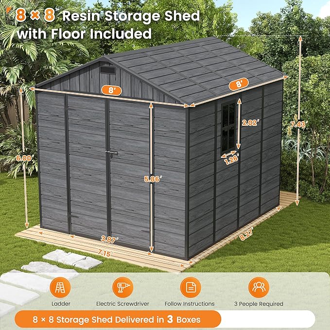 UDPATIO 8 x 8 FT Resin Storage Shed, Plastic Outdoor Storage Shed Clearance Sheds with Floor Included Solitude Cottage Shed She Sheds Garden Tool Shed with Lockable Door for Backyard, Patio, Dark Grey
