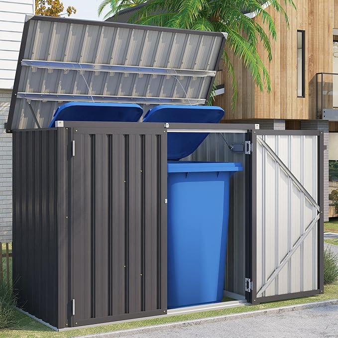 AECOJOY Outdoor Trash Can Storage Shed, 46 Cu.Ft Outside Garbage Can Storage Shed, Dark Grey Outdoor Horizontal Storage Cabinet Waterproof, Bike Sheds & Outdoor Storage Clearance