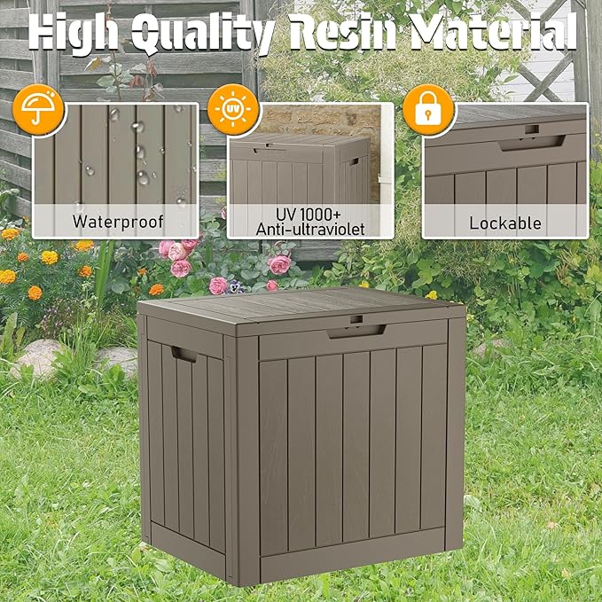 NUNU LAB 32 Gallon Outdoor Storage Box Waterproof, Outside Package Delivery Deck Boxes with Lockable Lid, Backyard Storage Bin For Garden Tools, Patio Cushions Accessories, Gray