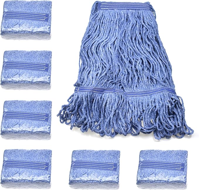 Heavy Duty Commercial Mop Head Refill - Industrial Grade Blue Cotton Looped-End String for Wet Mopping, Long-Lasting (6)