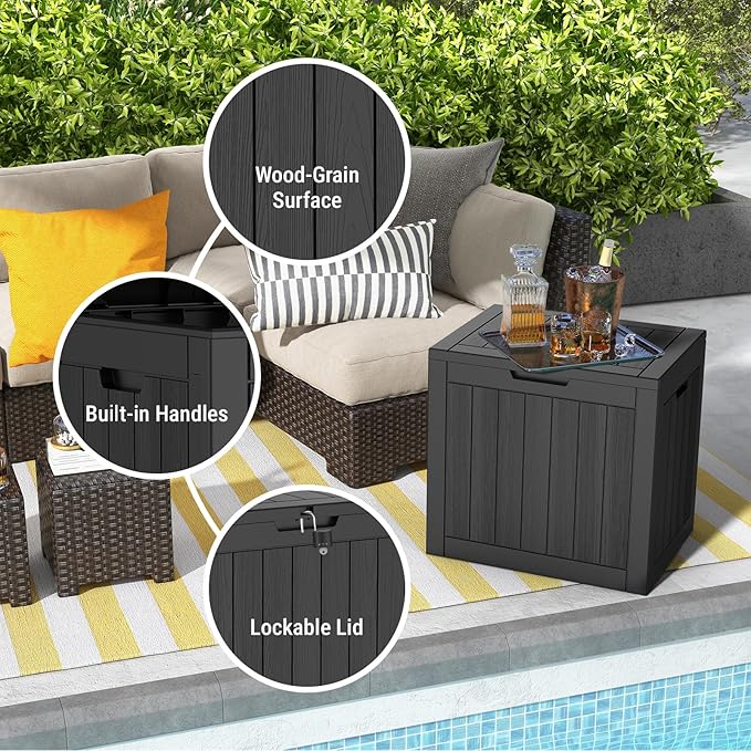 Mars Villa 31 Gallon Deck Box, Waterproof Weatherproof and UV Resistant Resin Storage Bin with Lockable Lid, for Outdoor Patio Furniture Cushions, Pool Supplies, Garden Tools, Black