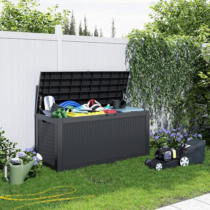 100 Gallon Outdoor Deck Box, Lockable Waterproof Outdoor Storage Boxes For Garden Tools,Indoor Cushions,Accessories Outside Storage Resin Weatherproof Container(Black)