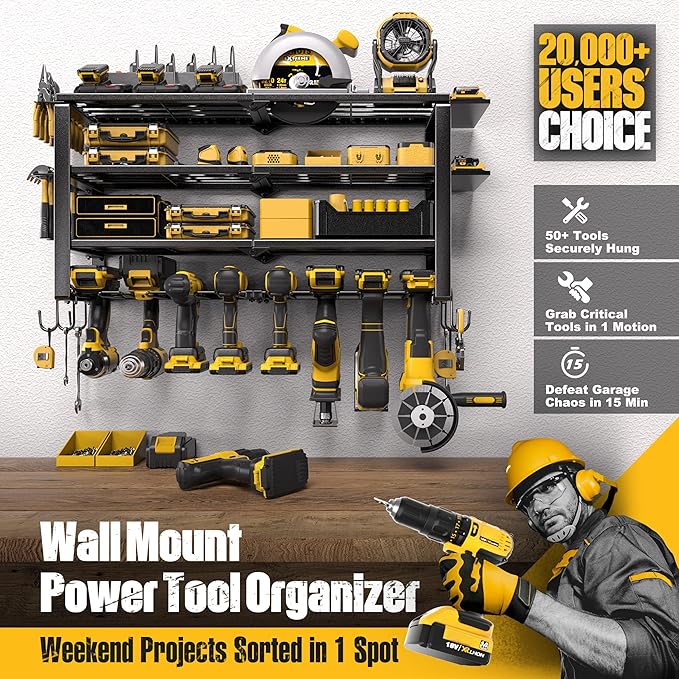 420LB Capacity Power Tool Organizer with Charging Station & 6 Outlets | Quick Assembly 4-Layer Heavy Duty Rack for Drills & Batteries | Ultimate Garage Storage & Christmas Gift for Men