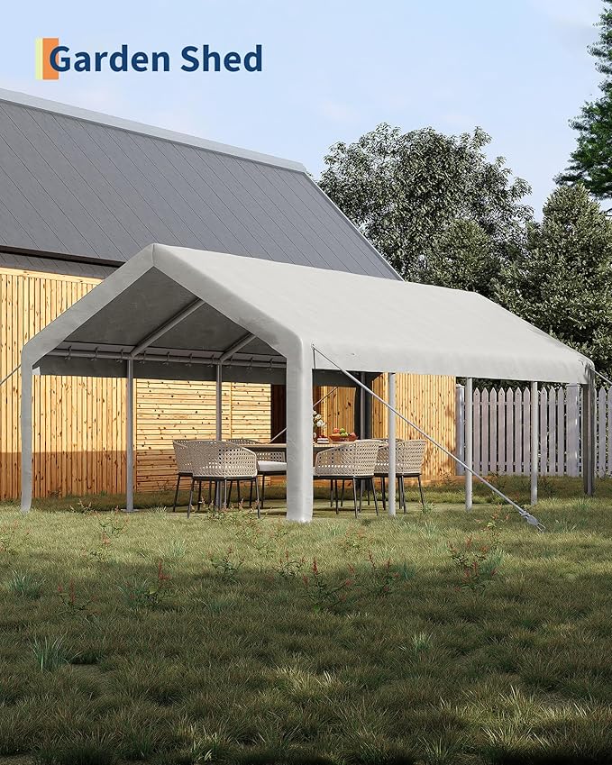 GarveeLife 13x25 ft Portable Garage, Car Port with 220 g PE Tarp Cover, with Front & Rear Roll-Up Doors and 4 Windows, for Temporary Paint Booth, Boats&Pickups Shed, and Event Shelter, White