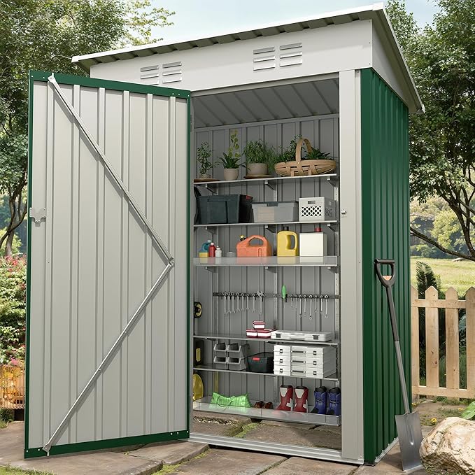 5x3FT Shed & Outdoor,Storage Shed with Lockable Door,Anti-Corrosion Storage House with Sloping Roof for Backyard Outdoor Patio(Green)