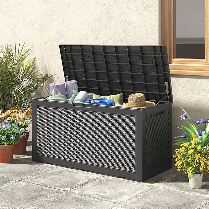 110 Gallon Outdoor Storage Box, Resin Deck Boxes Outdoor Waterproof For Patio Furniture, Garden Tools, Pool Supplies, Lockable And UV Resistant (Rattan Black)