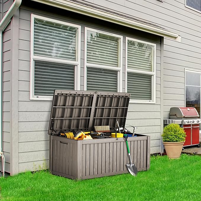 180 Gallon Lockable Resin Outdoor Storage Box, Waterproof & Weather Resistant Deck Box for Patio Cushion, Garden Tools & Pool Accessories, Grey