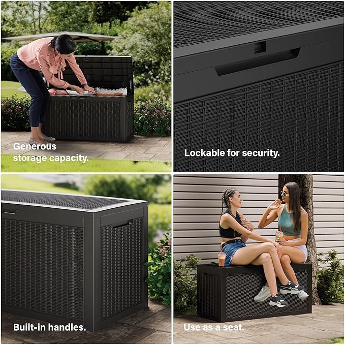 100 Gallon Lockable Resin Outdoor Storage Box, Waterproof & Weather Resistant Deck Box for Patio Cushion, Garden Tools & Pool Accessories, Black