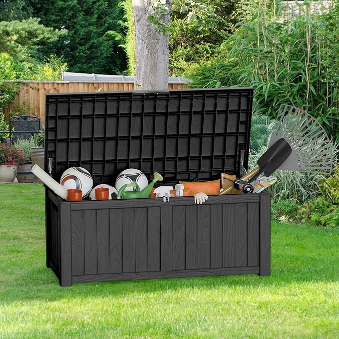 Outdoor Storage Deck Box Waterproof, 150 Gallon Large Lockable Patio Storage Bin Chest, Resin Outside Container Seat Bench for Furniture Cushions, Pool Accessories, Garden Tools & Delivery, Black